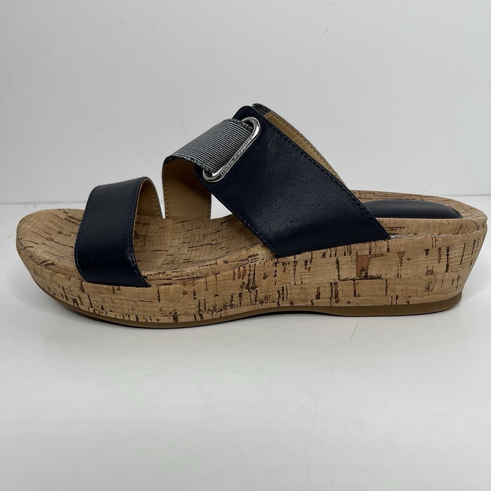 Hush Puppies Bounce Sandals Navy 6.5 M Leather Cork Wedge‎ Heel Stretch Comfort
